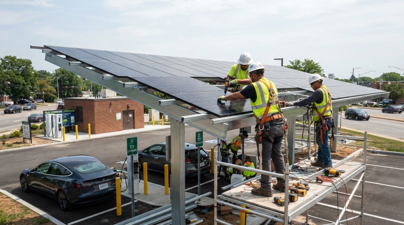 AI Design for create natural looking and real images of EV station's solar installation process. (The image should look like it is captured by mobile or camera and not an ai generated picture)