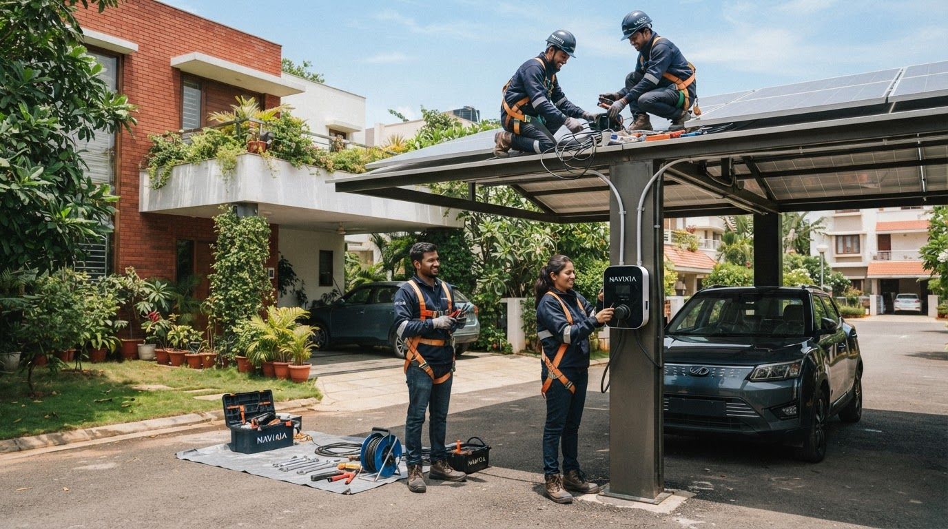 AI Design for create images of aesthetic (real) EV Charging Solutions solar installation process, the images should not be looking ai generated at all, it should look natural. Indian people should be there, uniform/safety jackets should show NAVIXIA