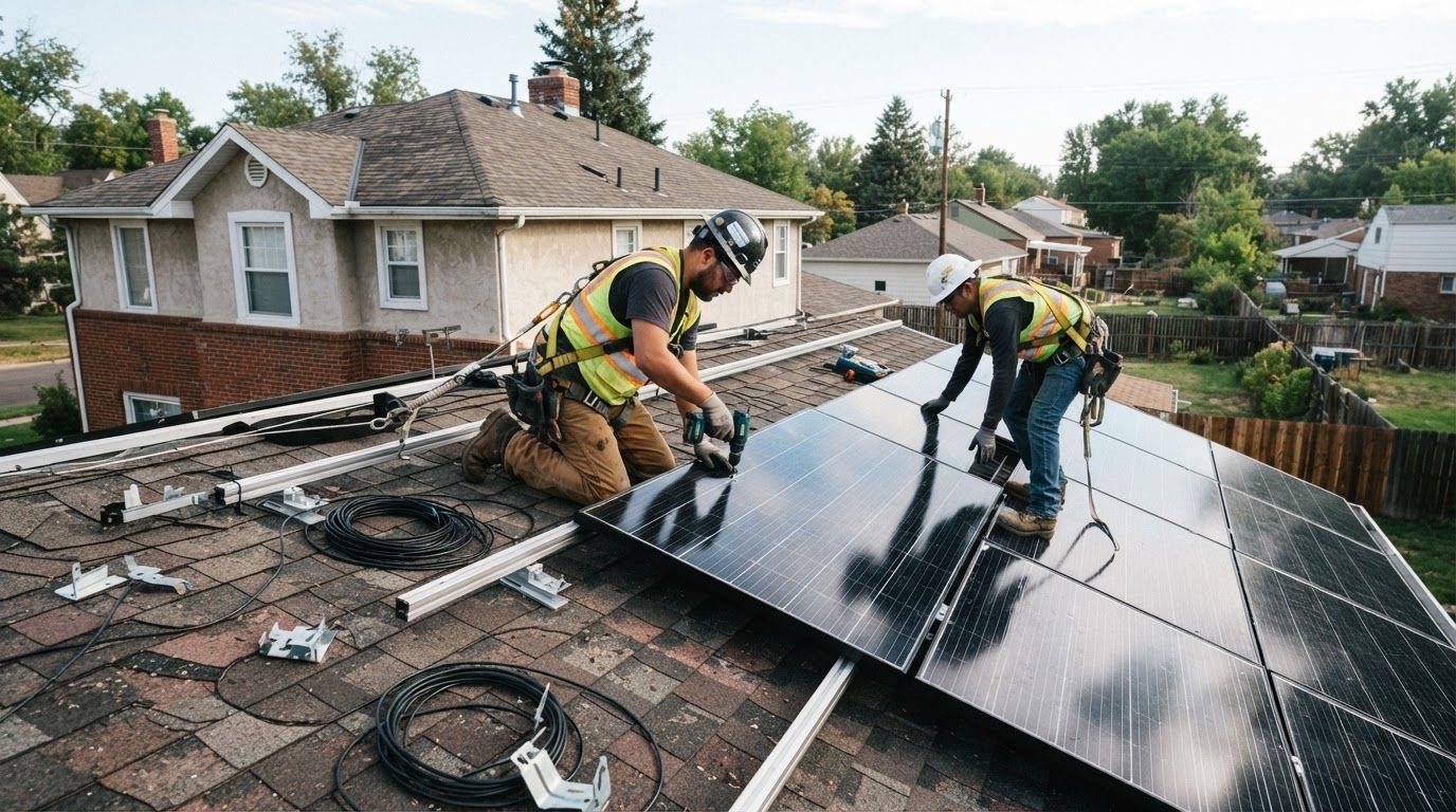 AI Design for An authentic, documentary-style photograph capturing a residential rooftop solar installation in progress. Professional technicians in safety gear are securely mounting sleek, modern photovoltaic panels onto a warm residential shingle roof under soft, natural morning sunlight. The composition features candid action shots, realistic textures on the solar glass and roof tiles, and an earthy, natural color palette that feels completely genuine and un-staged.