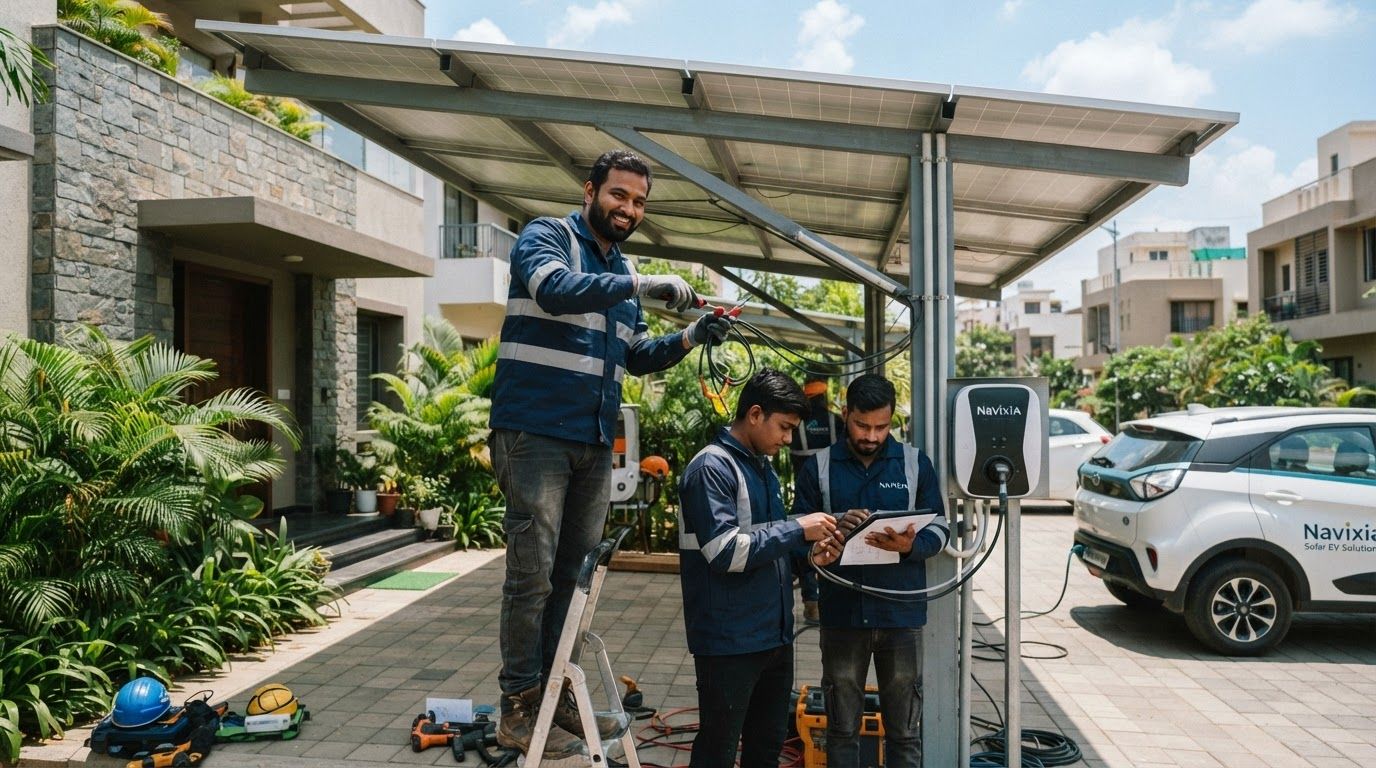 AI Design for create images of aesthetic (real) EV Charging Solutions solar installation process, the images should not be looking ai generated at all, it should look natural. Indian people should be there, uniform/safety jackets should show NAVIXIA (do not brand it anywhere else). Human should look real and local Indian