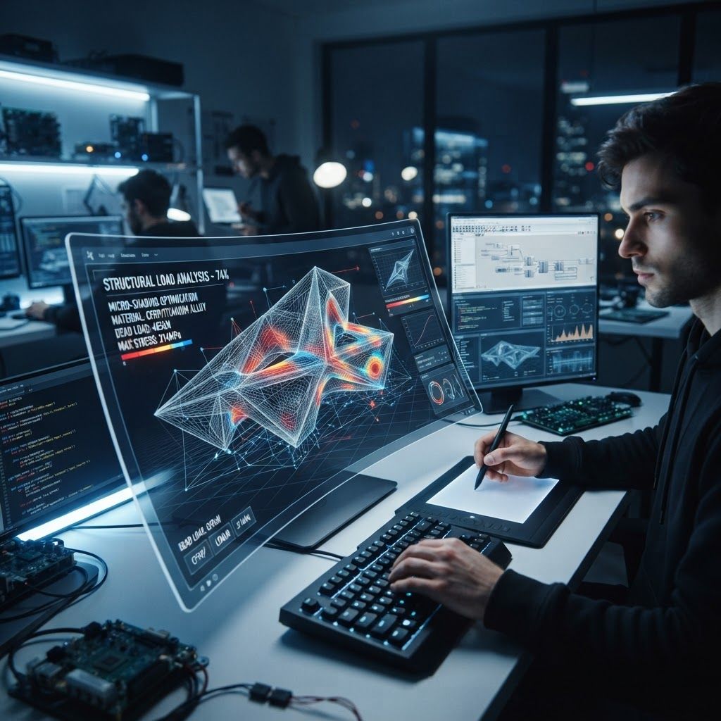 AI Design for A high-tech digital engineering workspace displaying a complex 3D wireframe model with intricate micro-shading patterns and structural load capacity heatmaps. The scene is illuminated by cool blue and soft white ambient lighting, highlighting precise architectural and mechanical data visualizations on sleek floating screens. Captured from a dynamic three-quarter perspective with a shallow depth of field, conveying an atmosphere of precision, innovation, and advanced computational design.