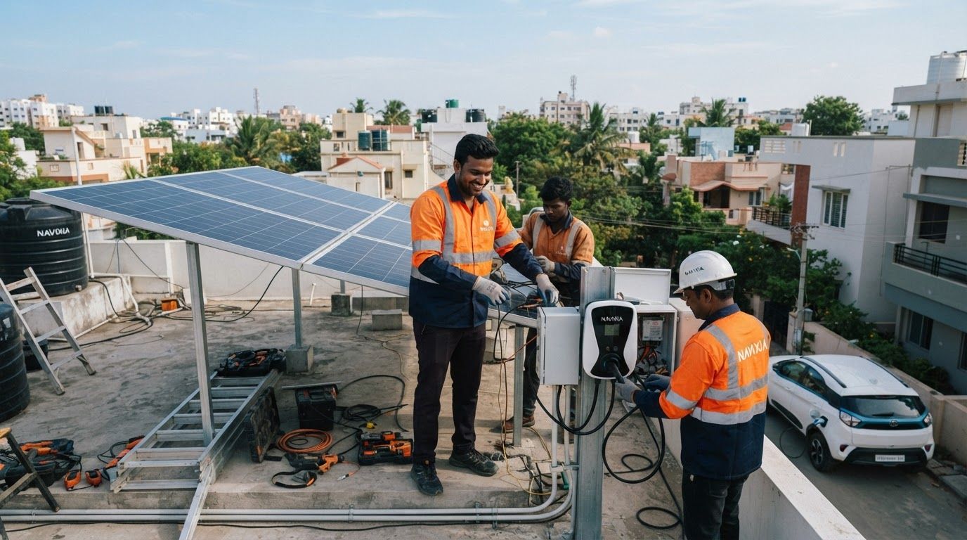AI Design for create images of aesthetic (real) EV Charging Solutions solar installation process, the images should not be looking ai generated at all, it should look natural. Indian people should be there, uniform/safety jackets should show NAVIXIA (do not brand it anywhere else). Human should look real and local Indian