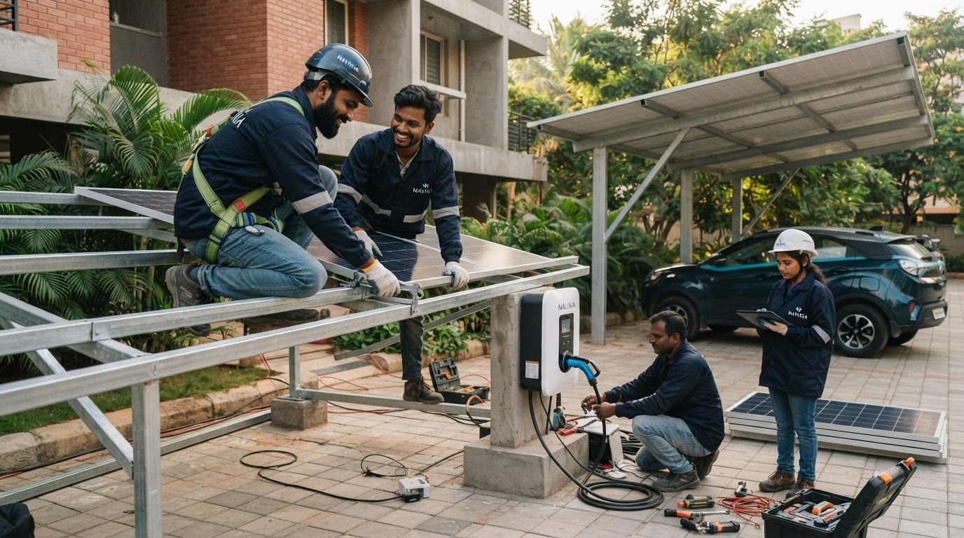 AI Design for create images of aesthetic (real) EV Charging Solutions solar installation process, the images should not be looking ai generated at all, it should look natural. Indian people should be there, uniform/safety jackets should show NAVIXIA (do not brand it anywhere else). Human should look real and local Indian