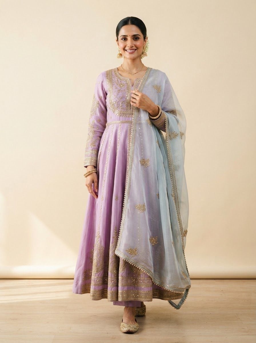 Indian woman wearing a lilac Chanderi anarkali with delicate gold detailing and a sheer pale-blue dupatta, one hand touching the dupatta.
Plain warm cream studio backdrop, even soft lighting, faint natural shadow on the floor.
Photorealistic e-commerce catalogue photo, full outfit visible head to knee, top-left corner left empty, vertical 3:4, no text, no logos.
This is a tall 3:4 image for posters. Design the layout for that shape. Fill the whole frame edge to edge and scale the subject large. Do not leave empty margin.