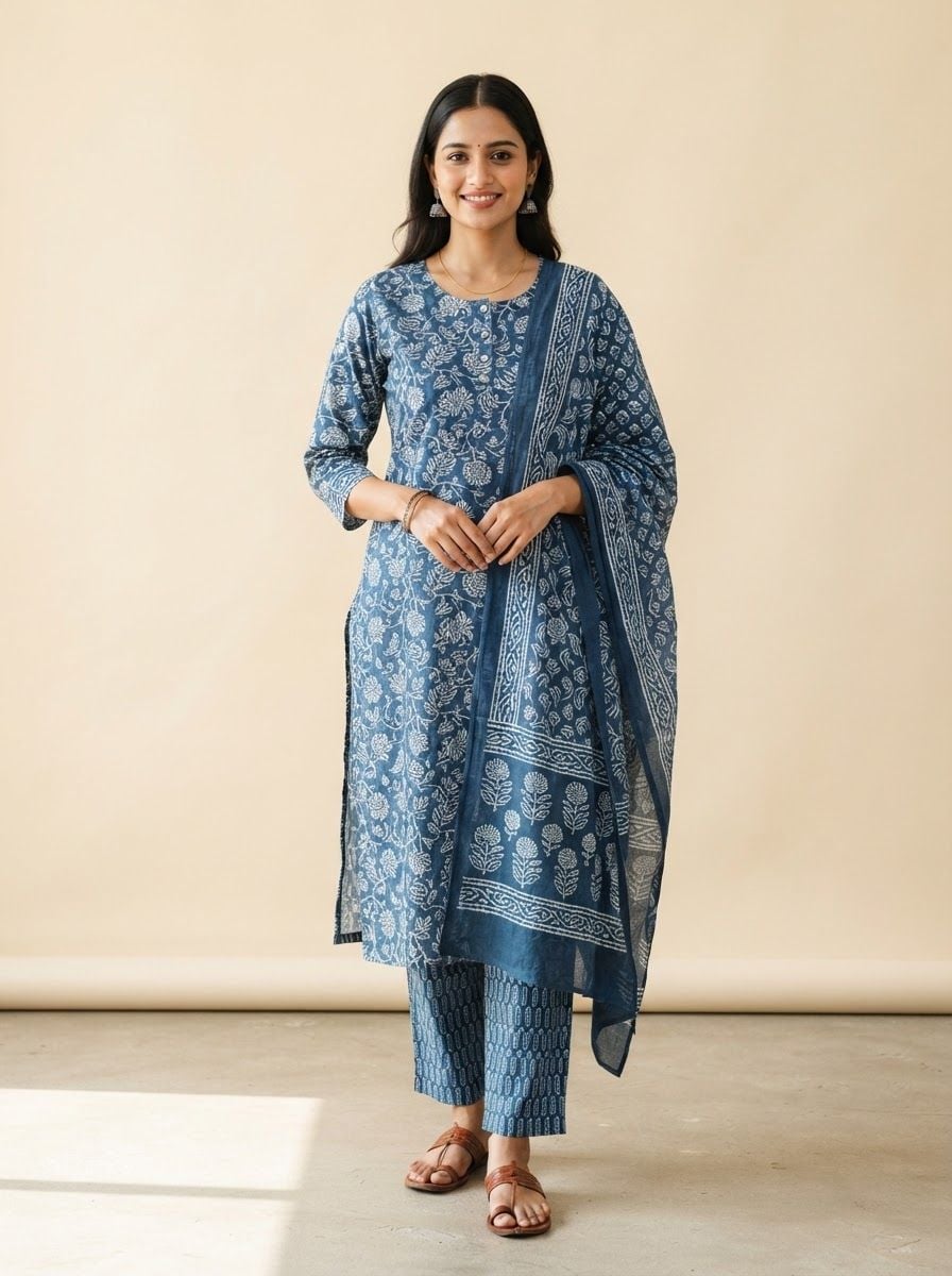 Indian woman wearing an indigo-blue and white hand block-printed cotton kurta set with matching printed dupatta, standing straight, soft smile.
Plain warm cream studio backdrop, even soft lighting, faint natural shadow on the floor.
Photorealistic e-commerce catalogue photo, full outfit visible head to knee, top-left corner left empty, vertical 3:4, no text, no logos.

This is a tall 3:4 image for posters. Design the layout for that shape. Fill the whole frame edge to edge and scale the subject large. Do not leave empty margin.