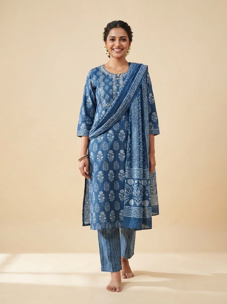 Indian woman wearing an indigo-blue and white hand block-printed cotton kurta set with matching printed dupatta, standing straight, soft smile.
Plain warm cream studio backdrop, even soft lighting, faint natural shadow on the floor.
Photorealistic e-commerce catalogue photo, full outfit visible head to knee, top-left corner left empty, vertical 3:4, no text, no logos.
This is a tall 3:4 image for posters. Design the layout for that shape. Fill the whole frame edge to edge and scale the subject large. Do not leave empty margin.