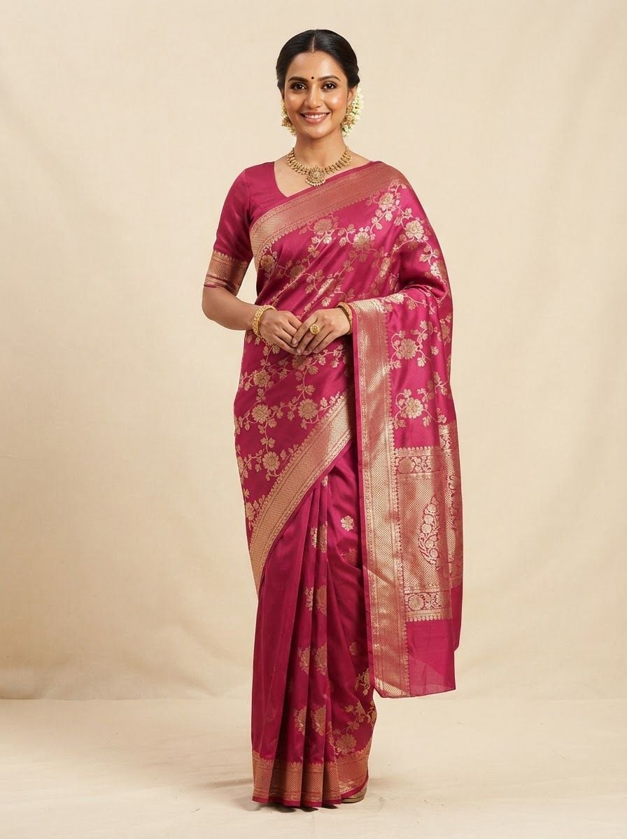 Indian woman wearing a deep pink Banarasi silk saree with a wide gold zari border and woven motifs, gold jewellery, hands lightly holding the pallu.
Plain warm cream studio backdrop, even soft lighting that shows the sheen of the silk.
Photorealistic e-commerce catalogue photo, full saree drape visible head to knee, vertical 3:4, no text, no logos.

This is a tall 3:4 image for posters. Design the layout for that shape. Fill the whole frame edge to edge and scale the subject large. Do not leave empty margin.
