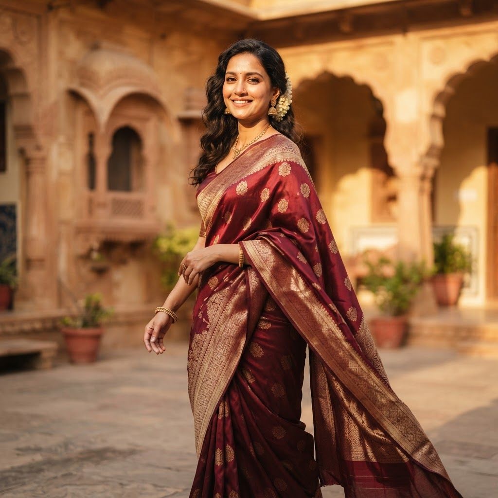High-end editorial fashion photography of an Indian woman in her late twenties, posed in a three-quarter turn with a calm, confident smile. She wears a rich maroon handloom silk saree featuring an intricate gold zari border. The setting is a sun-drenched sandstone haveli courtyard in Jaipur during golden hour, characterized by warm cream and terracotta architectural tones with a softly blurred background. Captured on an 85mm portrait lens, emphasizing natural skin texture, soft directional sunlight, and sophisticated cinematic depth of field.
This is a square 1:1 image for posts. Fill the whole frame edge to edge and scale the subject large. Do not leave empty margin.