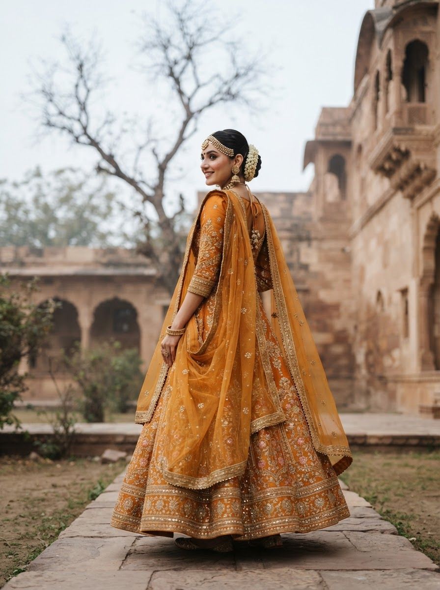 Full-length photo of an Indian woman in a mustard-orange embroidered lehenga choli with a matching dupatta, standing and looking over her shoulder.
Quiet palace garden in Rajasthan with a bare tree and pale sky behind, soft diffused morning light.
Photorealistic bridal-wear fashion photography, 70mm lens, whole outfit visible, subject centred, vertical 3:4, no text, no logos.

This is a tall 3:4 image for posters. Design the layout for that shape. Fill the whole frame edge to edge and scale the subject large. Do not leave empty margin.
