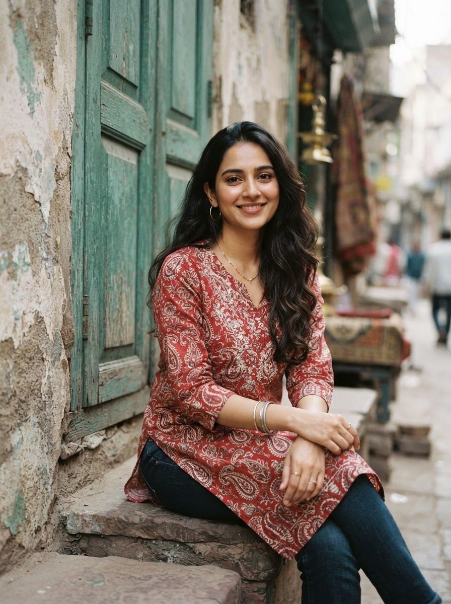 Young Indian woman seated casually, wearing a red hand block-printed cotton kurta with paisley motifs, long dark hair, gentle smile at camera.
In front of weathered teal-green wooden shutters on an old Indian street, soft natural daylight.
Photorealistic lifestyle fashion photography, 50mm lens, subject in the upper two-thirds of the frame, vertical 3:4, no text, no logos.

This is a tall 3:4 image for posters. Design the layout for that shape. Fill the whole frame edge to edge and scale the subject large. Do not leave empty margin.