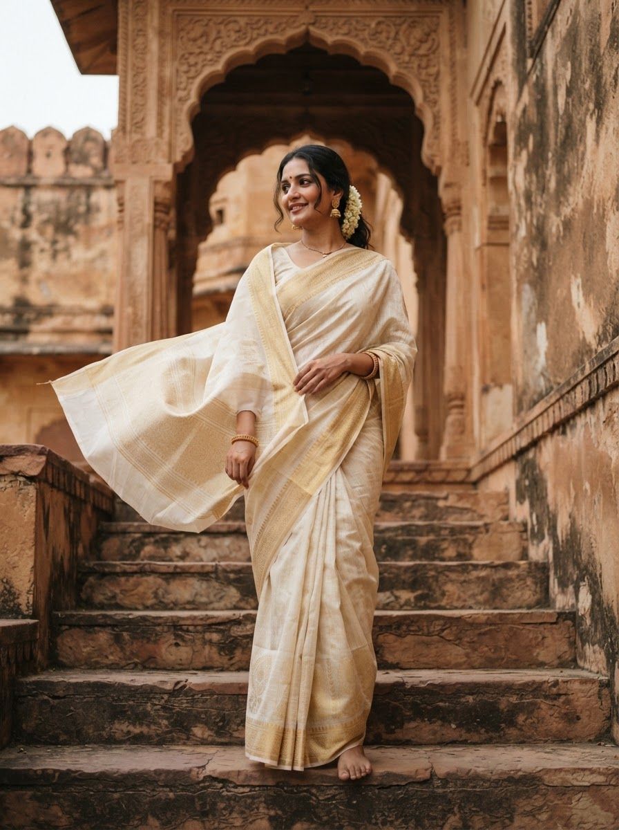 Full-length photo of an Indian woman in a cream and gold handloom saree, pallu flowing in a light breeze, relaxed graceful pose.
Old Jaipur stone steps with a carved archway behind her, soft overcast daylight, muted warm earthy colours.
Photorealistic fashion photography, 50mm lens, subject centred in the upper two-thirds, vertical 3:4, no text, no logos.
This is a tall 3:4 image for posters. Design the layout for that shape. Fill the whole frame edge to edge and scale the subject large. Do not leave empty margin.