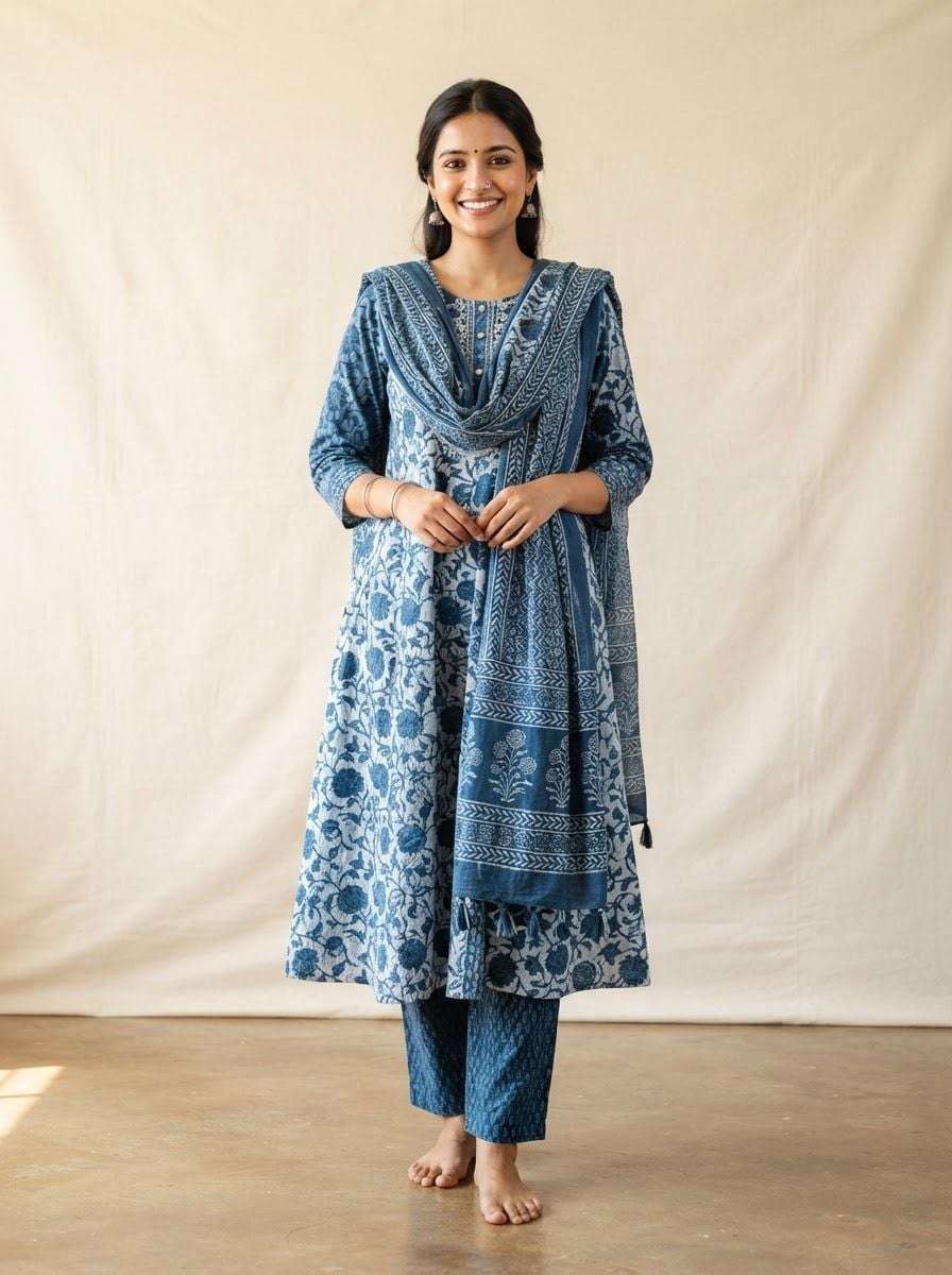 Indian woman wearing an indigo-blue and white hand block-printed cotton kurta set with matching printed dupatta, standing straight, soft smile.
Plain warm cream studio backdrop, even soft lighting, faint natural shadow on the floor.
Photorealistic e-commerce catalogue photo, full outfit visible head to knee, top-left corner left empty, vertical 3:4, no text, no logos.

This is a tall 3:4 image for posters. Design the layout for that shape. Fill the whole frame edge to edge and scale the subject large. Do not leave empty margin.