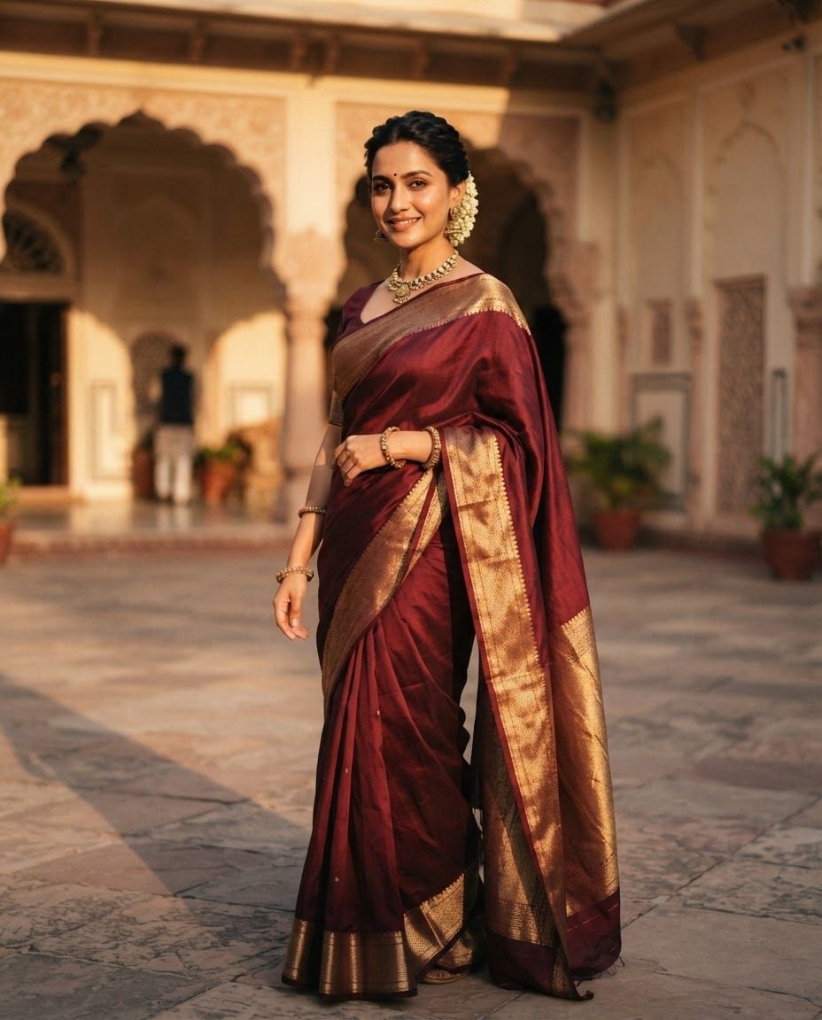 High-end editorial fashion photography capturing an Indian woman in her late twenties, posed in a graceful three-quarter turn with a calm, confident smile. She wears a rich maroon handloom silk saree featuring an intricate, shimmering gold zari border that catches the low-angled sun. The setting is a sun-drenched sandstone haveli courtyard in Jaipur during golden hour, characterized by warm cream and terracotta architectural tones with a softly blurred background. Captured on an 85mm portrait lens, emphasizing natural skin texture, soft directional sunlight, and sophisticated cinematic depth of field.

This is a tall 4:5 image for feed ads. Design the layout for that shape. Fill the whole frame edge to edge and scale the subject large. Do not leave empty margin.