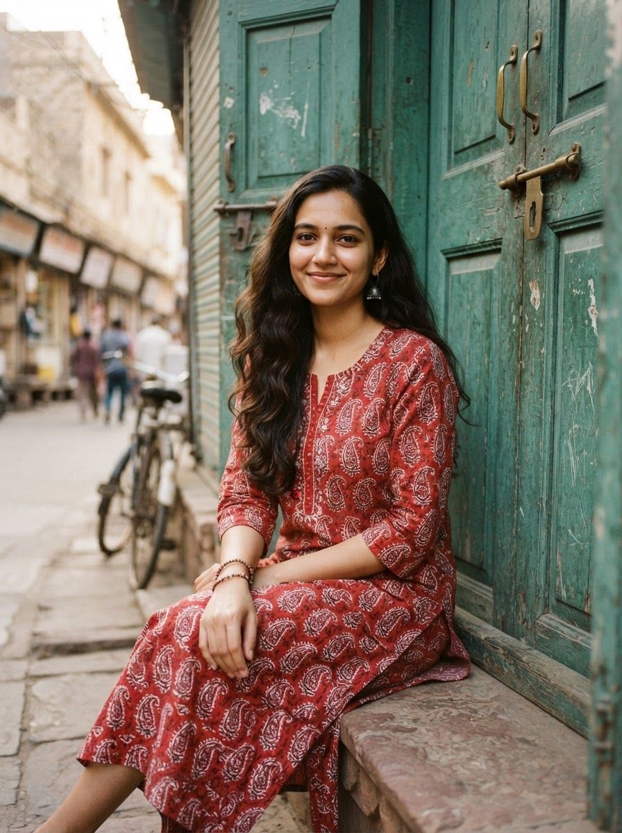 Young Indian woman seated casually, wearing a red hand block-printed cotton kurta with paisley motifs, long dark hair, gentle smile at camera.
In front of weathered teal-green wooden shutters on an old Indian street, soft natural daylight.
Photorealistic lifestyle fashion photography, 50mm lens, subject in the upper two-thirds of the frame, vertical 3:4, no text, no logos.

This is a tall 3:4 image for posters. Design the layout for that shape. Fill the whole frame edge to edge and scale the subject large. Do not leave empty margin.