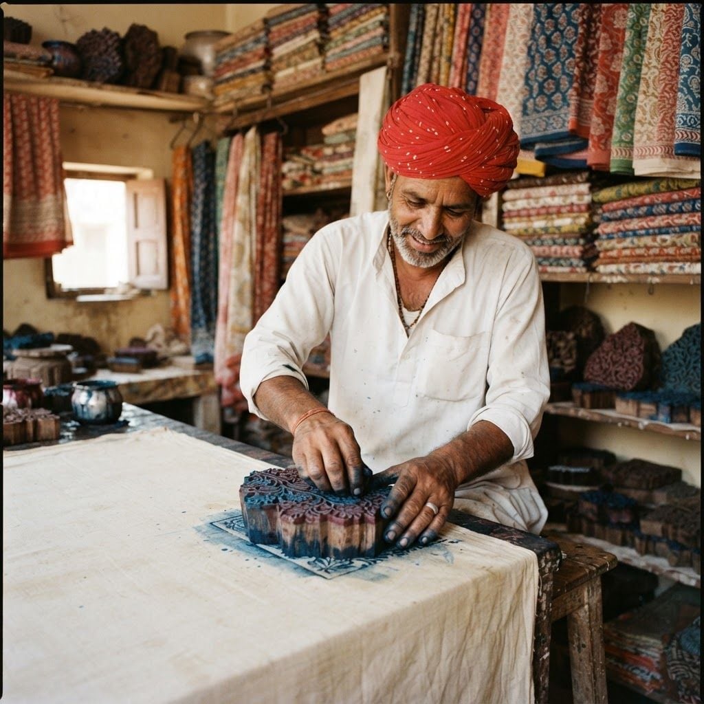 Middle-aged Indian artisan in a white kurta and a red Rajasthani turban hand block-printing cotton fabric with a carved wooden block.
Small Jaipur workshop with printed fabrics stacked and hanging behind him, warm window light from one side.
Photorealistic documentary photography, 35mm lens, hands and printing block clearly visible, square 1:1, no text, no logos.

This is a square 1:1 image for posts. Fill the whole frame edge to edge and scale the subject large. Do not leave empty margin.