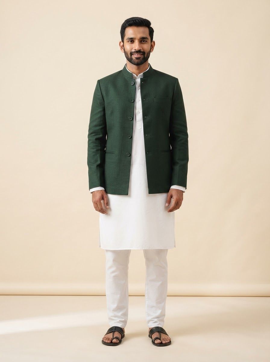Indian man wearing a dark bottle-green cotton Nehru jacket over a plain white kurta pyjama, hands relaxed at his sides, neutral friendly expression.
Plain warm cream studio backdrop, even soft lighting, faint natural shadow on the floor.
Photorealistic e-commerce catalogue photo, framed head to knee, jacket texture and buttons clearly visible, vertical 3:4, no text, no logos.

This is a tall 3:4 image for posters. Design the layout for that shape. Fill the whole frame edge to edge and scale the subject large. Do not leave empty margin.