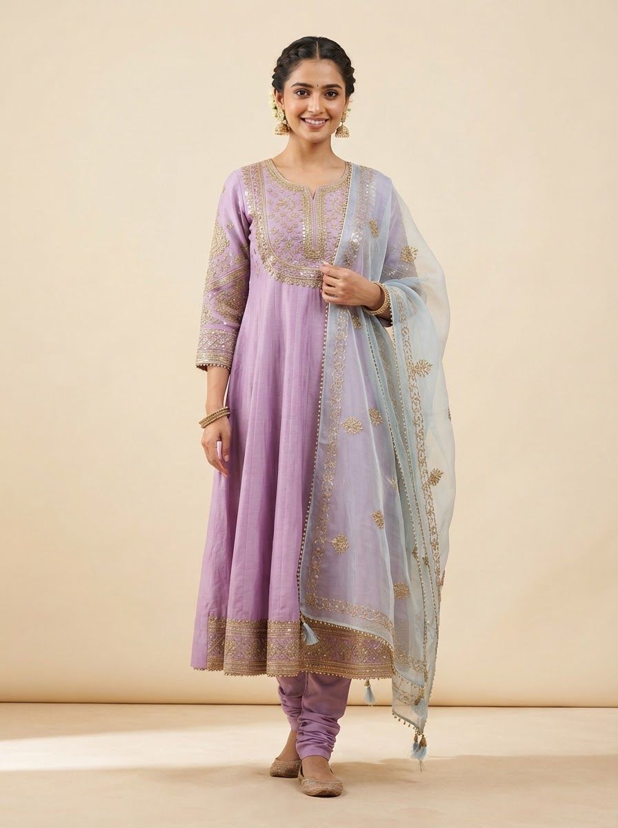 Indian woman wearing a lilac Chanderi anarkali with delicate gold detailing and a sheer pale-blue dupatta, one hand touching the dupatta.
Plain warm cream studio backdrop, even soft lighting, faint natural shadow on the floor.
Photorealistic e-commerce catalogue photo, full outfit visible head to knee, top-left corner left empty, vertical 3:4, no text, no logos.
This is a tall 3:4 image for posters. Design the layout for that shape. Fill the whole frame edge to edge and scale the subject large. Do not leave empty margin.