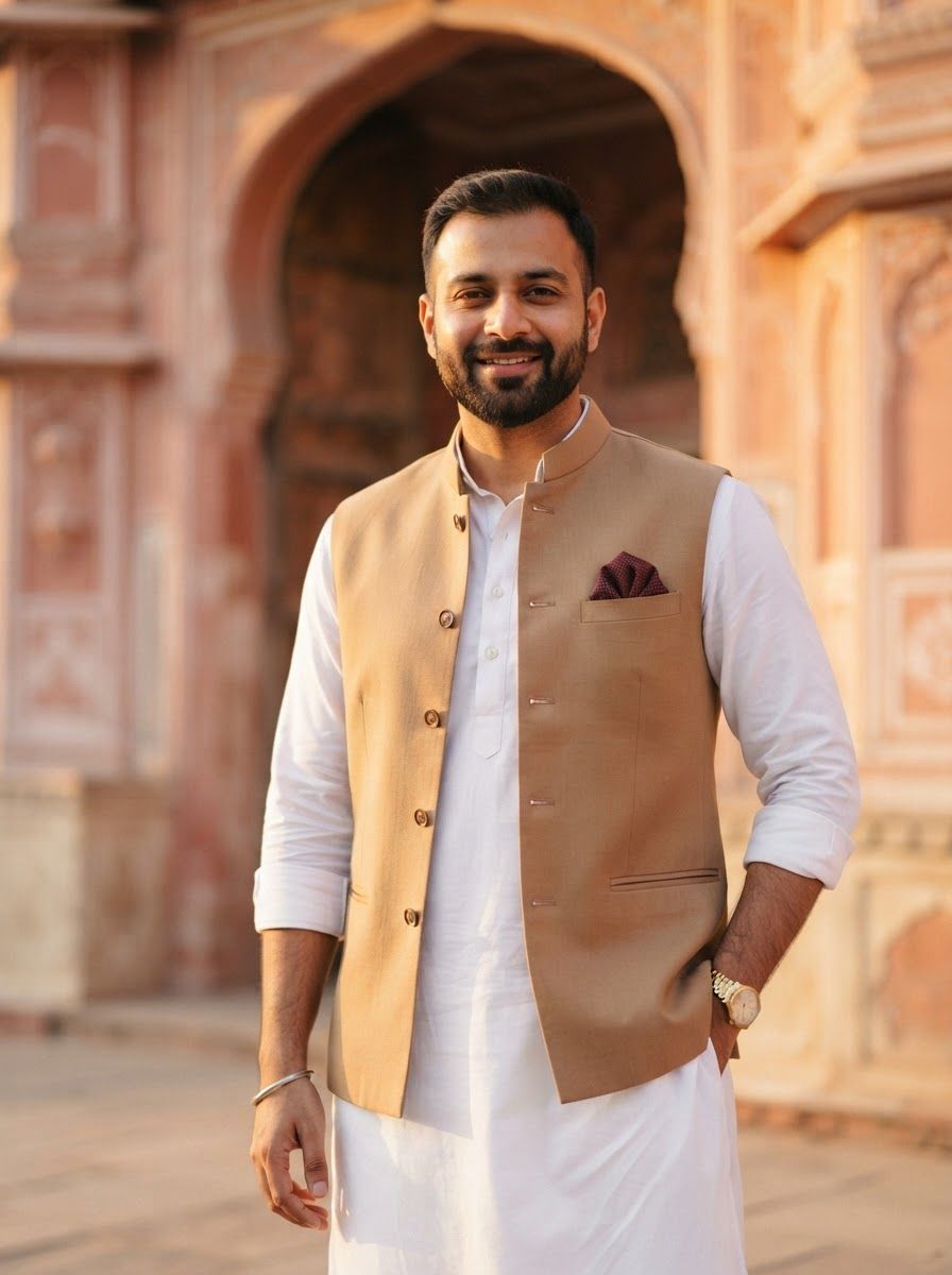 Indian man in his early thirties wearing a white kurta with a tan cotton Nehru jacket and a maroon pocket square, confident relaxed stance.
Pink sandstone facade of old Jaipur softly blurred behind him, warm late-afternoon light.
Photorealistic menswear fashion photography, 85mm lens, waist-up framing in the upper two-thirds, vertical 3:4, no text, no logos.
This is a tall 3:4 image for posters. Design the layout for that shape. Fill the whole frame edge to edge and scale the subject large. Do not leave empty margin.