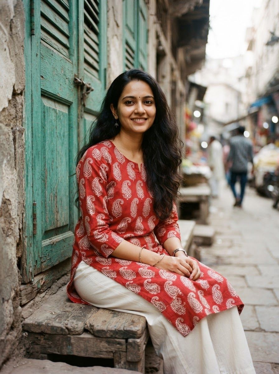 Young Indian woman seated casually, wearing a red hand block-printed cotton kurta with paisley motifs, long dark hair, gentle smile at camera.
In front of weathered teal-green wooden shutters on an old Indian street, soft natural daylight.
Photorealistic lifestyle fashion photography, 50mm lens, subject in the upper two-thirds of the frame, vertical 3:4, no text, no logos.

This is a tall 3:4 image for posters. Design the layout for that shape. Fill the whole frame edge to edge and scale the subject large. Do not leave empty margin.