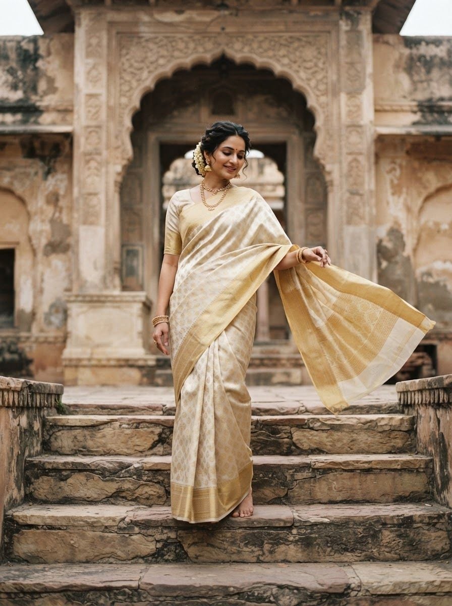 Full-length photo of an Indian woman in a cream and gold handloom saree, pallu flowing in a light breeze, relaxed graceful pose.
Old Jaipur stone steps with a carved archway behind her, soft overcast daylight, muted warm earthy colours.
Photorealistic fashion photography, 50mm lens, subject centred in the upper two-thirds, vertical 3:4, no text, no logos.

This is a tall 3:4 image for posters. Design the layout for that shape. Fill the whole frame edge to edge and scale the subject large. Do not leave empty margin.