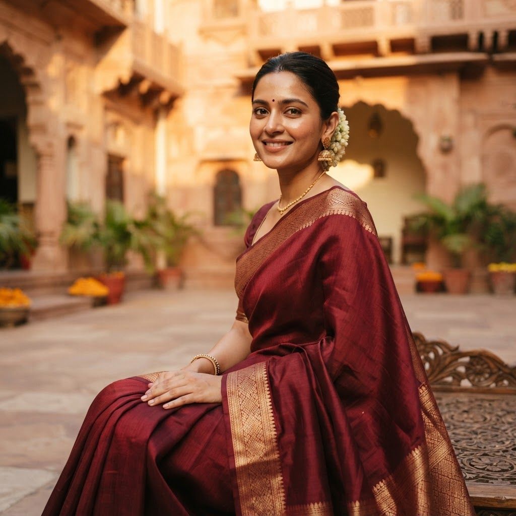 Editorial portrait of an Indian woman in her late twenties wearing a maroon handloom silk saree with a gold zari border, three-quarter turn, calm confident smile.
Sandstone haveli courtyard in Jaipur at golden hour, warm cream and terracotta tones, softly blurred background.
Photorealistic fashion photography, 85mm lens, natural skin texture, vertical 4:5, no text, no logos, no watermark.
This is a square 1:1 image for posts. Fill the whole frame edge to edge and scale the subject large. Do not leave empty margin.