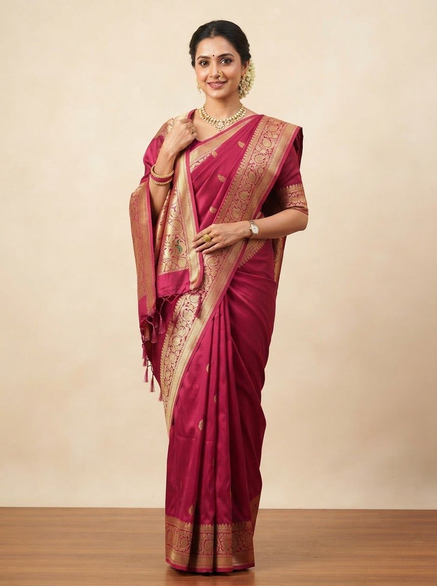 Indian woman wearing a deep pink Banarasi silk saree with a wide gold zari border and woven motifs, gold jewellery, hands lightly holding the pallu.
Plain warm cream studio backdrop, even soft lighting that shows the sheen of the silk.
Photorealistic e-commerce catalogue photo, full saree drape visible head to knee, vertical 3:4, no text, no logos.

This is a tall 3:4 image for posters. Design the layout for that shape. Fill the whole frame edge to edge and scale the subject large. Do not leave empty margin.