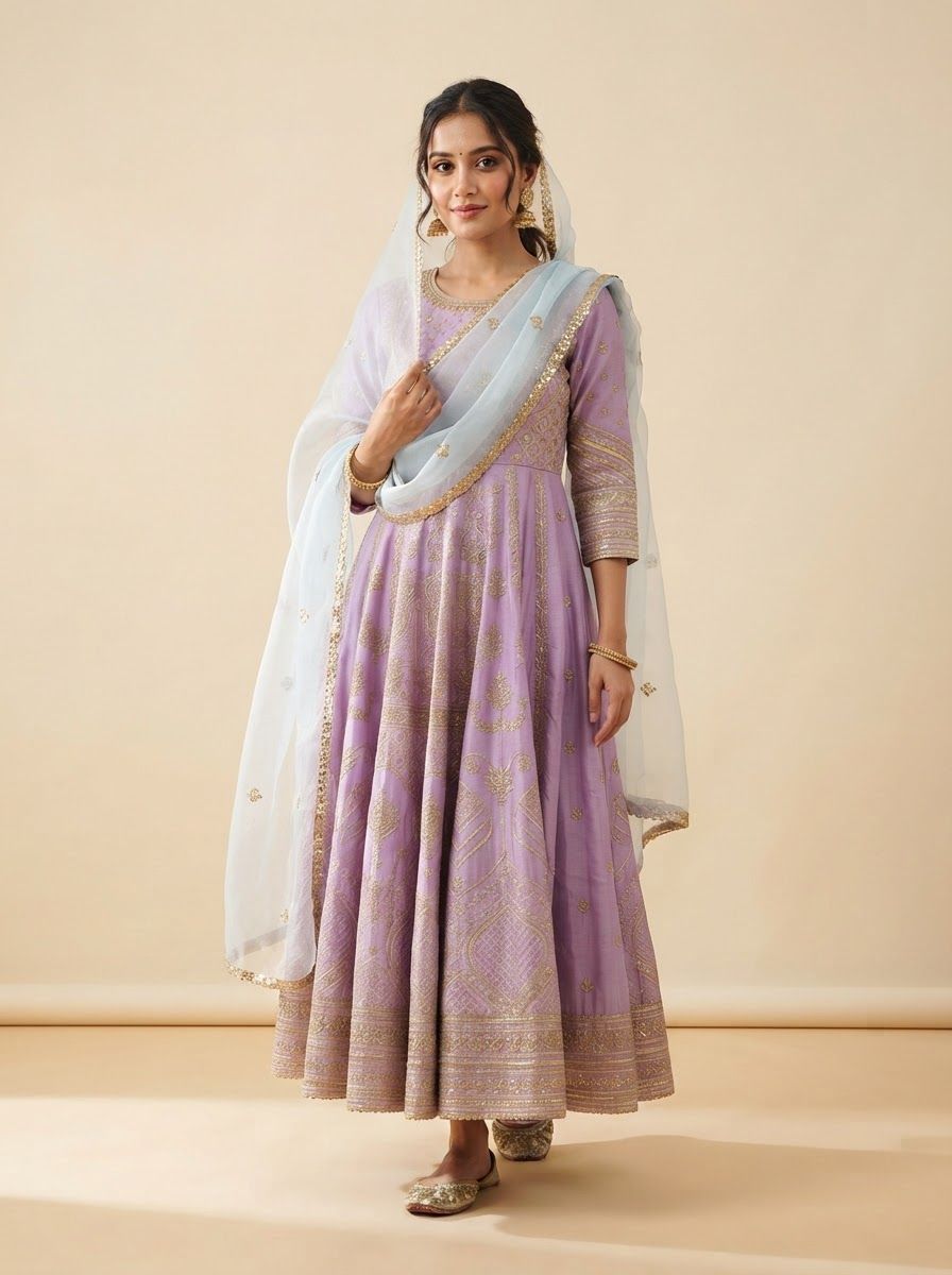 Indian woman wearing a lilac Chanderi anarkali with delicate gold detailing and a sheer pale-blue dupatta, one hand touching the dupatta.
Plain warm cream studio backdrop, even soft lighting, faint natural shadow on the floor.
Photorealistic e-commerce catalogue photo, full outfit visible head to knee, top-left corner left empty, vertical 3:4, no text, no logos.

This is a tall 3:4 image for posters. Design the layout for that shape. Fill the whole frame edge to edge and scale the subject large. Do not leave empty margin.