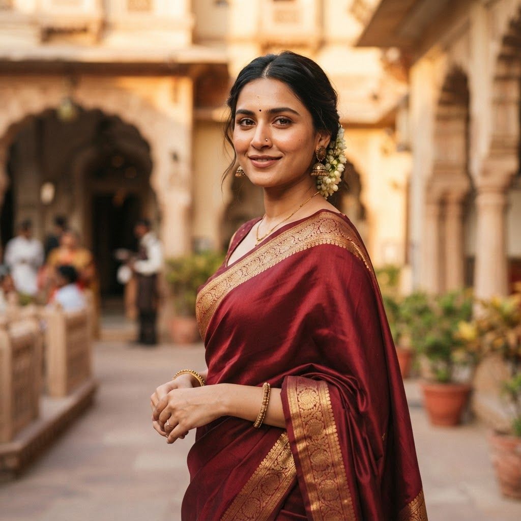 Editorial portrait of an Indian woman in her late twenties wearing a maroon handloom silk saree with a gold zari border, three-quarter turn, calm confident smile.
Sandstone haveli courtyard in Jaipur at golden hour, warm cream and terracotta tones, softly blurred background.
Photorealistic fashion photography, 85mm lens, natural skin texture, vertical 4:5, no text, no logos, no watermark.

This is a square 1:1 image for posts. Fill the whole frame edge to edge and scale the subject large. Do not leave empty margin.