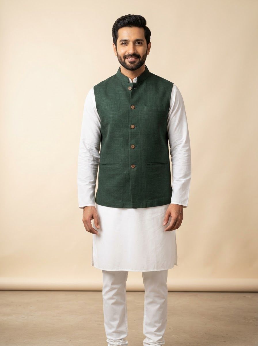 Indian man wearing a dark bottle-green cotton Nehru jacket over a plain white kurta pyjama, hands relaxed at his sides, neutral friendly expression.
Plain warm cream studio backdrop, even soft lighting, faint natural shadow on the floor.
Photorealistic e-commerce catalogue photo, framed head to knee, jacket texture and buttons clearly visible, vertical 3:4, no text, no logos.
This is a tall 3:4 image for posters. Design the layout for that shape. Fill the whole frame edge to edge and scale the subject large. Do not leave empty margin.