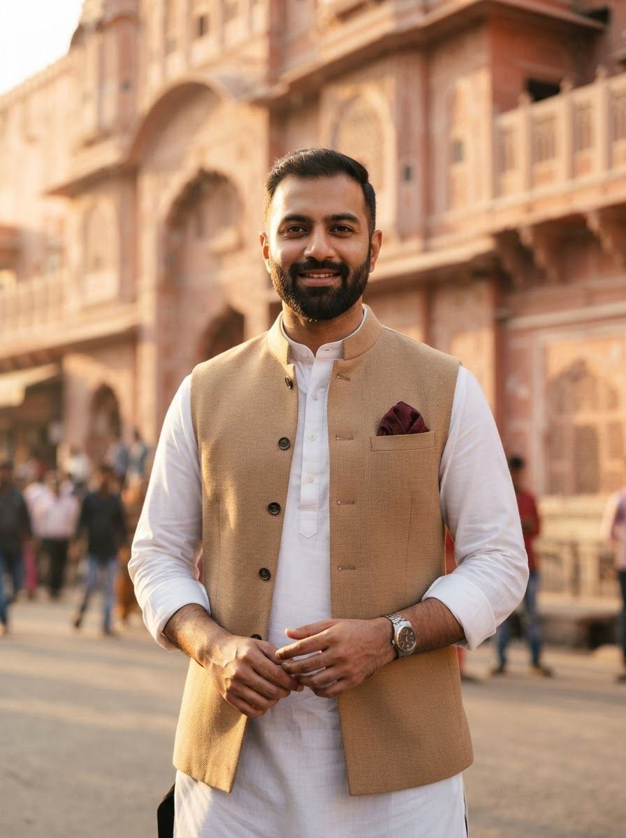 Indian man in his early thirties wearing a white kurta with a tan cotton Nehru jacket and a maroon pocket square, confident relaxed stance.
Pink sandstone facade of old Jaipur softly blurred behind him, warm late-afternoon light.
Photorealistic menswear fashion photography, 85mm lens, waist-up framing in the upper two-thirds, vertical 3:4, no text, no logos.
This is a tall 3:4 image for posters. Design the layout for that shape. Fill the whole frame edge to edge and scale the subject large. Do not leave empty margin.