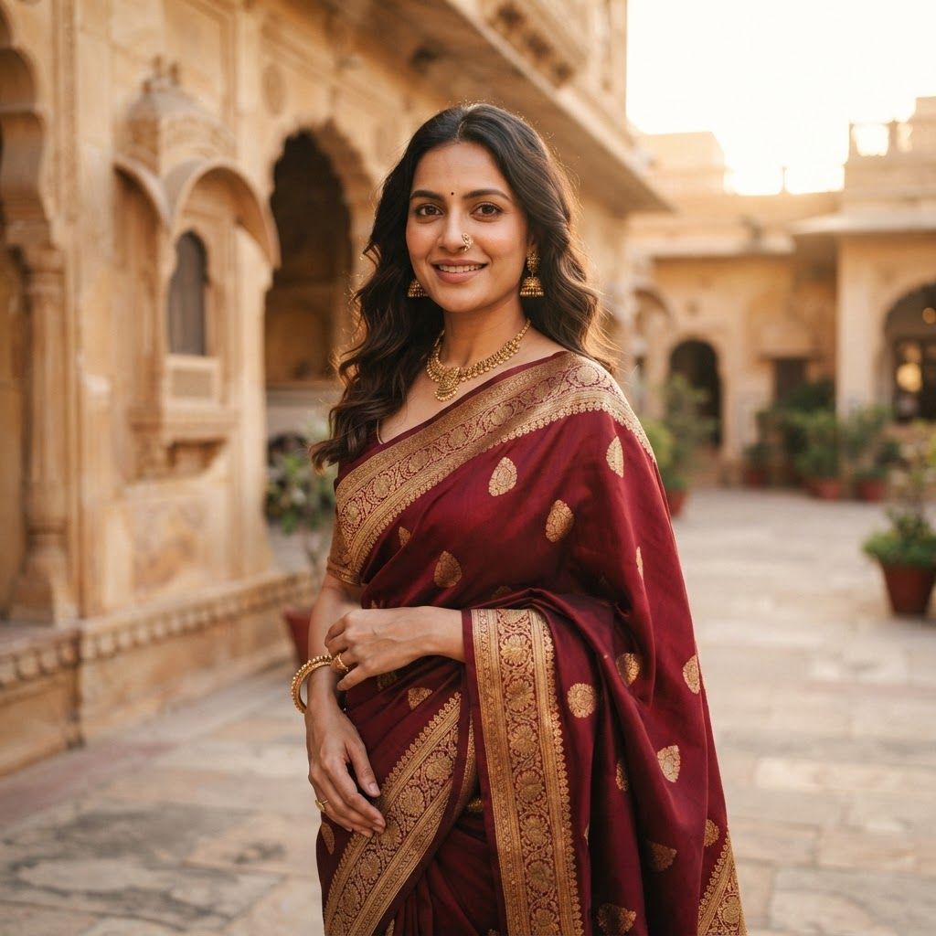 High-end editorial fashion photography of an Indian woman in her late twenties, posed in a three-quarter turn with a calm, confident smile. She wears a rich maroon handloom silk saree featuring an intricate gold zari border. The setting is a sun-drenched sandstone haveli courtyard in Jaipur during golden hour, characterized by warm cream and terracotta architectural tones with a softly blurred background. Captured on an 85mm portrait lens, emphasizing natural skin texture, soft directional sunlight, and sophisticated cinematic depth of field.
This is a square 1:1 image for posts. Fill the whole frame edge to edge and scale the subject large. Do not leave empty margin.