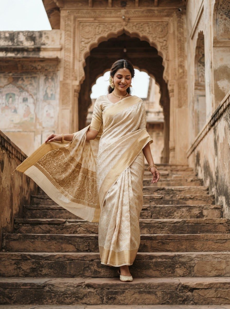 Full-length photo of an Indian woman in a cream and gold handloom saree, pallu flowing in a light breeze, relaxed graceful pose.
Old Jaipur stone steps with a carved archway behind her, soft overcast daylight, muted warm earthy colours.
Photorealistic fashion photography, 50mm lens, subject centred in the upper two-thirds, vertical 3:4, no text, no logos.

This is a tall 3:4 image for posters. Design the layout for that shape. Fill the whole frame edge to edge and scale the subject large. Do not leave empty margin.