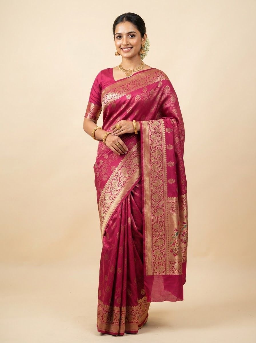 Indian woman wearing a deep pink Banarasi silk saree with a wide gold zari border and woven motifs, gold jewellery, hands lightly holding the pallu.
Plain warm cream studio backdrop, even soft lighting that shows the sheen of the silk.
Photorealistic e-commerce catalogue photo, full saree drape visible head to knee, vertical 3:4, no text, no logos.
This is a tall 3:4 image for posters. Design the layout for that shape. Fill the whole frame edge to edge and scale the subject large. Do not leave empty margin.