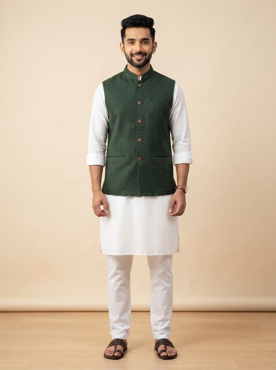 Indian man wearing a dark bottle-green cotton Nehru jacket over a plain white kurta pyjama, hands relaxed at his sides, neutral friendly expression.
Plain warm cream studio backdrop, even soft lighting, faint natural shadow on the floor.
Photorealistic e-commerce catalogue photo, framed head to knee, jacket texture and buttons clearly visible, vertical 3:4, no text, no logos.

This is a tall 3:4 image for posters. Design the layout for that shape. Fill the whole frame edge to edge and scale the subject large. Do not leave empty margin.