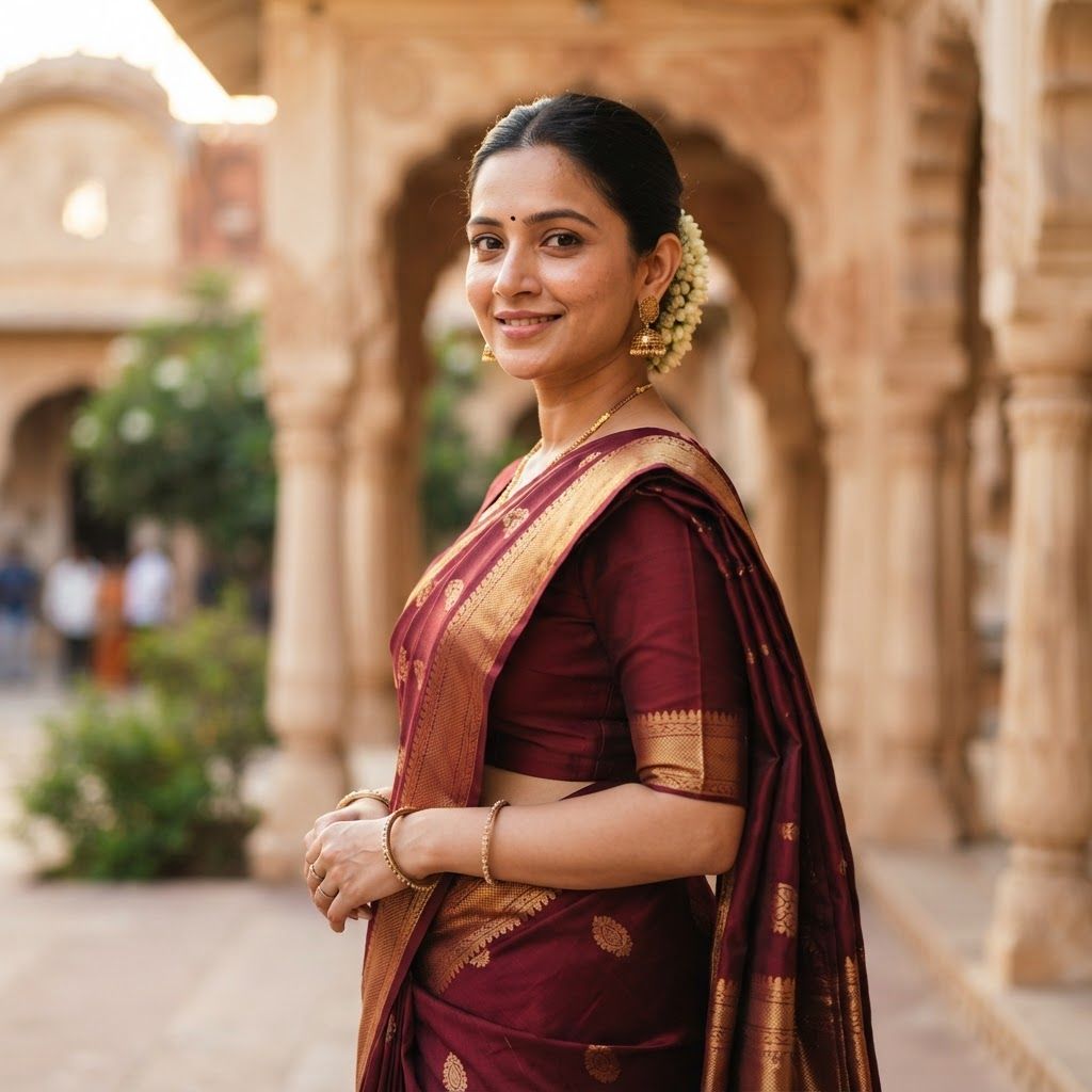 Editorial portrait of an Indian woman in her late twenties wearing a maroon handloom silk saree with a gold zari border, three-quarter turn, calm confident smile.
Sandstone haveli courtyard in Jaipur at golden hour, warm cream and terracotta tones, softly blurred background.
Photorealistic fashion photography, 85mm lens, natural skin texture, vertical 4:5, no text, no logos, no watermark.

This is a square 1:1 image for posts. Fill the whole frame edge to edge and scale the subject large. Do not leave empty margin.