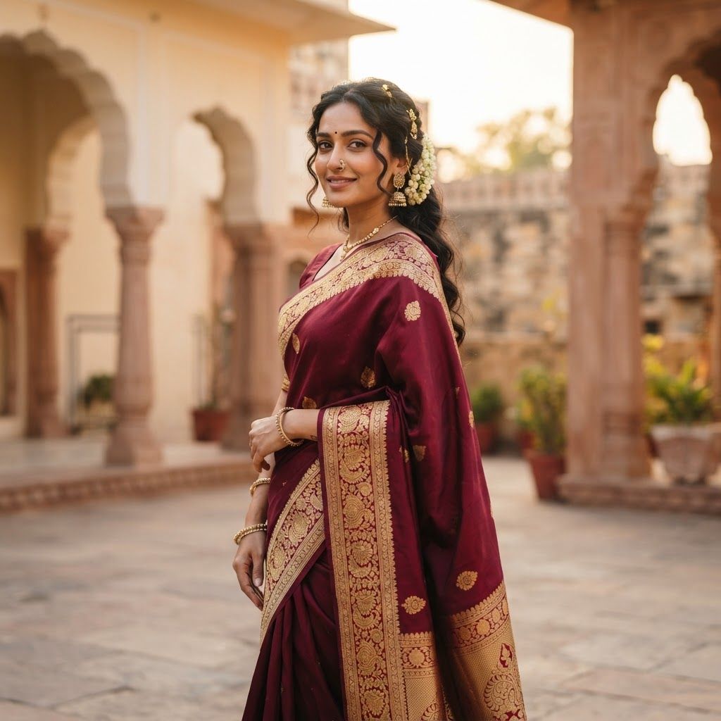 High-end editorial fashion photography of an Indian woman in her late twenties, posed in a three-quarter turn with a calm, confident smile. She wears a rich maroon handloom silk saree featuring an intricate gold zari border. The setting is a sun-drenched sandstone haveli courtyard in Jaipur during golden hour, characterized by warm cream and terracotta architectural tones with a softly blurred background. Captured on an 85mm portrait lens, emphasizing natural skin texture, soft directional sunlight, and sophisticated cinematic depth of field.

This is a square 1:1 image for posts. Fill the whole frame edge to edge and scale the subject large. Do not leave empty margin.