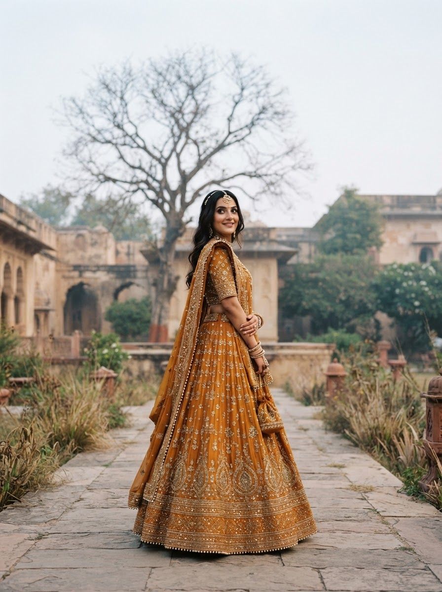 Full-length photo of an Indian woman in a mustard-orange embroidered lehenga choli with a matching dupatta, standing and looking over her shoulder.
Quiet palace garden in Rajasthan with a bare tree and pale sky behind, soft diffused morning light.
Photorealistic bridal-wear fashion photography, 70mm lens, whole outfit visible, subject centred, vertical 3:4, no text, no logos.

This is a tall 3:4 image for posters. Design the layout for that shape. Fill the whole frame edge to edge and scale the subject large. Do not leave empty margin.