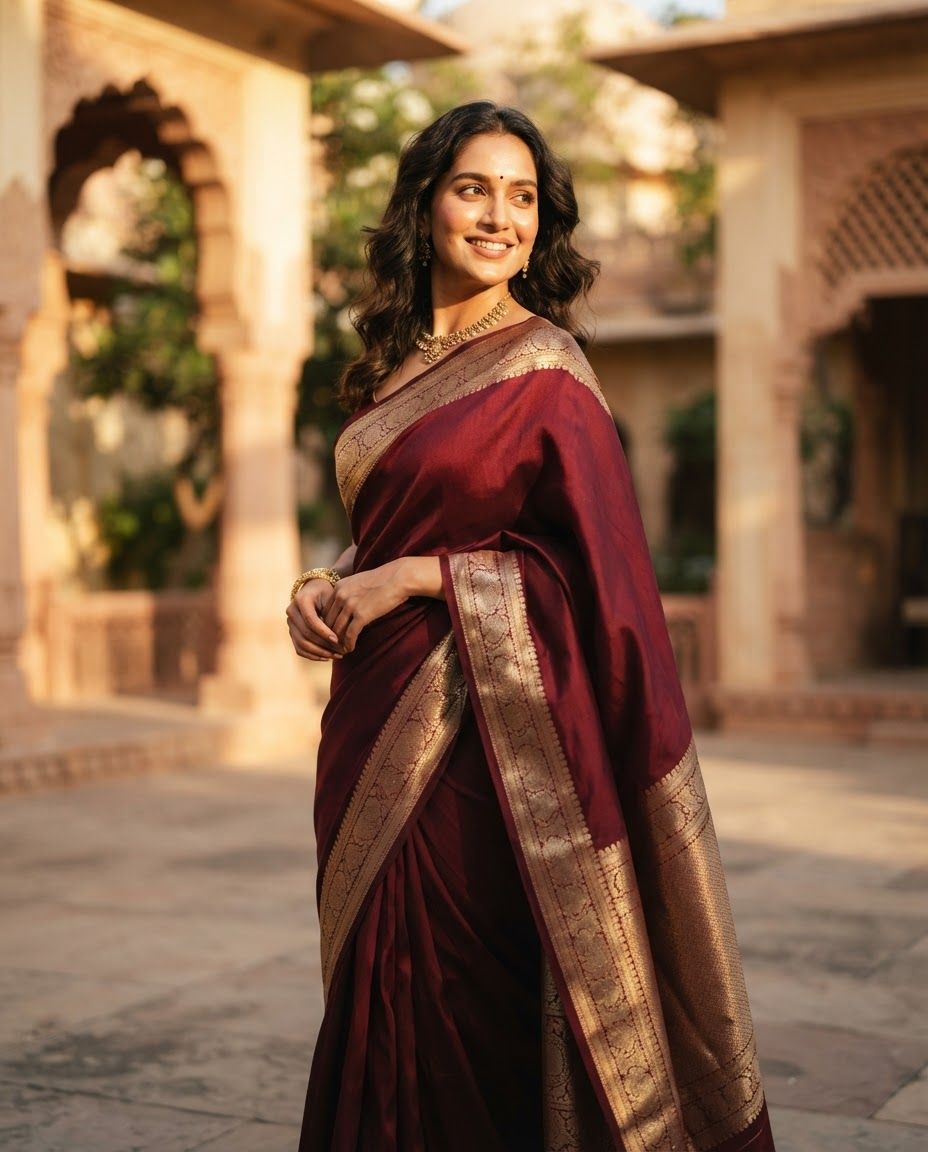 High-end editorial fashion photography capturing an Indian woman in her late twenties, posed in a graceful three-quarter turn with a calm, confident smile. She wears a rich maroon handloom silk saree featuring an intricate, shimmering gold zari border that catches the low-angled sun. The setting is a sun-drenched sandstone haveli courtyard in Jaipur during golden hour, characterized by warm cream and terracotta architectural tones with a softly blurred background. Captured on an 85mm portrait lens, emphasizing natural skin texture, soft directional sunlight, and sophisticated cinematic depth of field.
This is a tall 4:5 image for feed ads. Design the layout for that shape. Fill the whole frame edge to edge and scale the subject large. Do not leave empty margin.