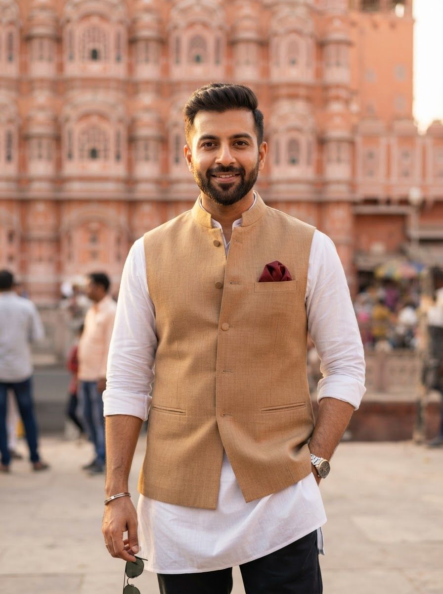 Indian man in his early thirties wearing a white kurta with a tan cotton Nehru jacket and a maroon pocket square, confident relaxed stance.
Pink sandstone facade of old Jaipur softly blurred behind him, warm late-afternoon light.
Photorealistic menswear fashion photography, 85mm lens, waist-up framing in the upper two-thirds, vertical 3:4, no text, no logos.

This is a tall 3:4 image for posters. Design the layout for that shape. Fill the whole frame edge to edge and scale the subject large. Do not leave empty margin.