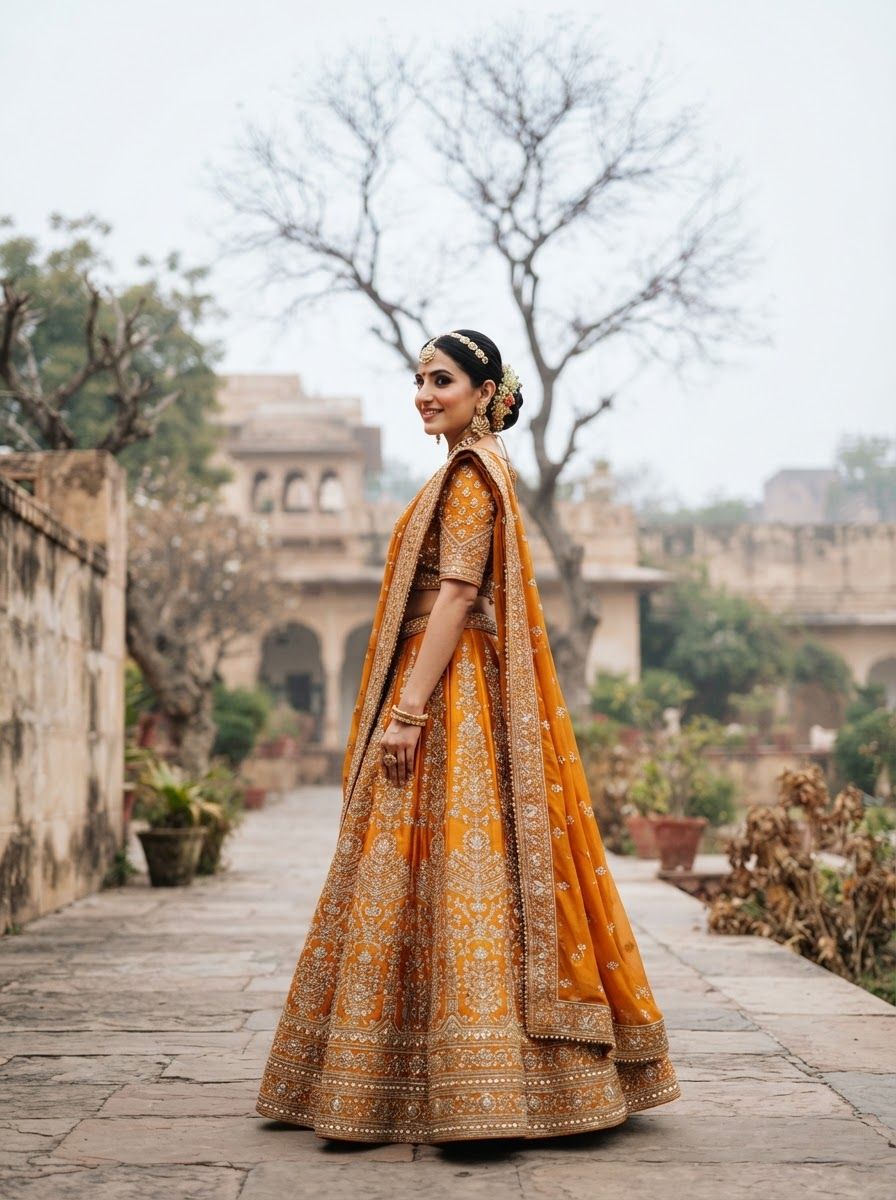 Full-length photo of an Indian woman in a mustard-orange embroidered lehenga choli with a matching dupatta, standing and looking over her shoulder.
Quiet palace garden in Rajasthan with a bare tree and pale sky behind, soft diffused morning light.
Photorealistic bridal-wear fashion photography, 70mm lens, whole outfit visible, subject centred, vertical 3:4, no text, no logos.

This is a tall 3:4 image for posters. Design the layout for that shape. Fill the whole frame edge to edge and scale the subject large. Do not leave empty margin.