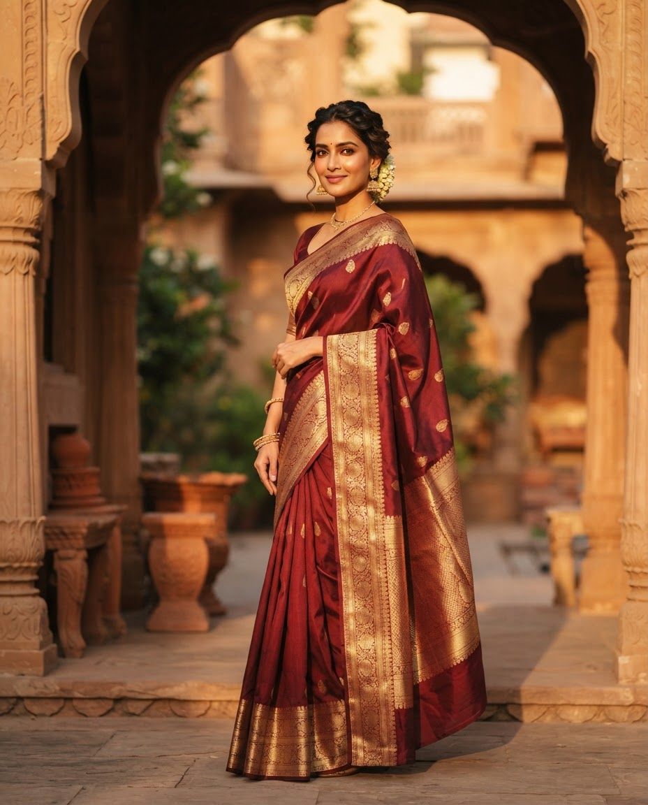 High-end editorial fashion photography capturing an Indian woman in her late twenties, posed in a graceful three-quarter turn with a calm, confident smile. She wears a rich maroon handloom silk saree featuring an intricate, shimmering gold zari border that catches the low-angled sun. The setting is a sun-drenched sandstone haveli courtyard in Jaipur during golden hour, characterized by warm cream and terracotta architectural tones with a softly blurred background. Captured on an 85mm portrait lens, emphasizing natural skin texture, soft directional sunlight, and sophisticated cinematic depth of field.
This is a tall 4:5 image for feed ads. Design the layout for that shape. Fill the whole frame edge to edge and scale the subject large. Do not leave empty margin.