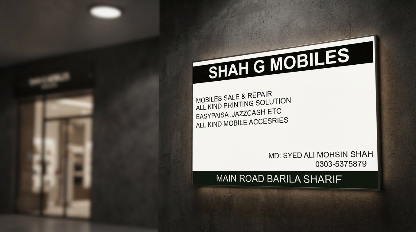 AI Design for Wide campaign hero photograph for Shah G Mobiles. A simple black and white text-based digital layout for a business sign titled SHAH G MOBILES. It lists services including mobile sales, repairs, printing solutions, digital payment services, and mobile accessories. Premium advertising composition with the product as focal point, cinematic lighting, clean negative space on one side for copy to be added later, no rendered words or logos beyond the reference product.