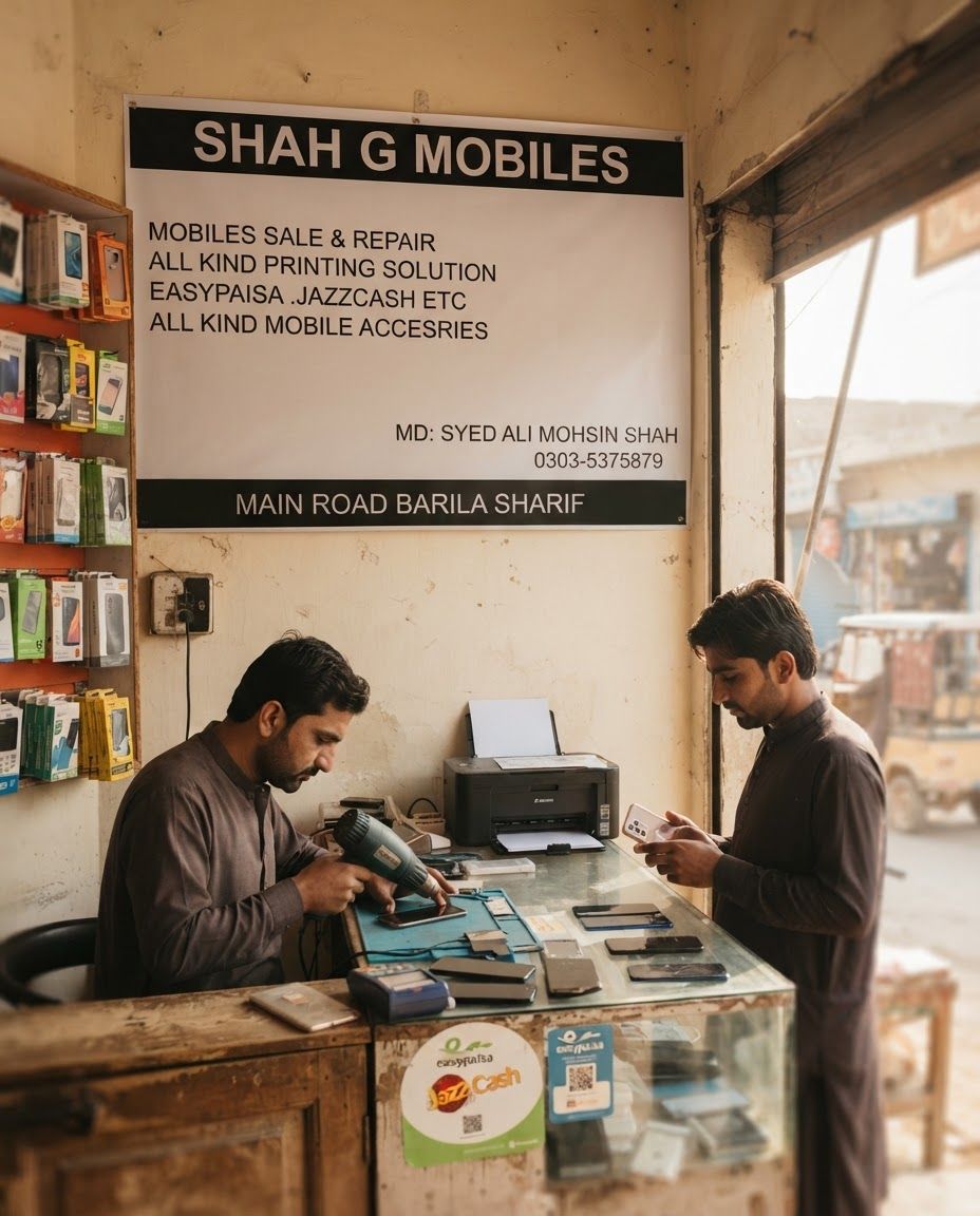 AI Design for Lifestyle product photograph of Shah G Mobiles being naturally used in a believable real-world setting. A simple black and white text-based digital layout for a business sign titled SHAH G MOBILES. It lists services including mobile sales, repairs, printing solutions, digital payment services, and mobile accessories. Human-scale context, warm natural light, editorial composition, shallow depth of field, product clearly visible and undistorted.