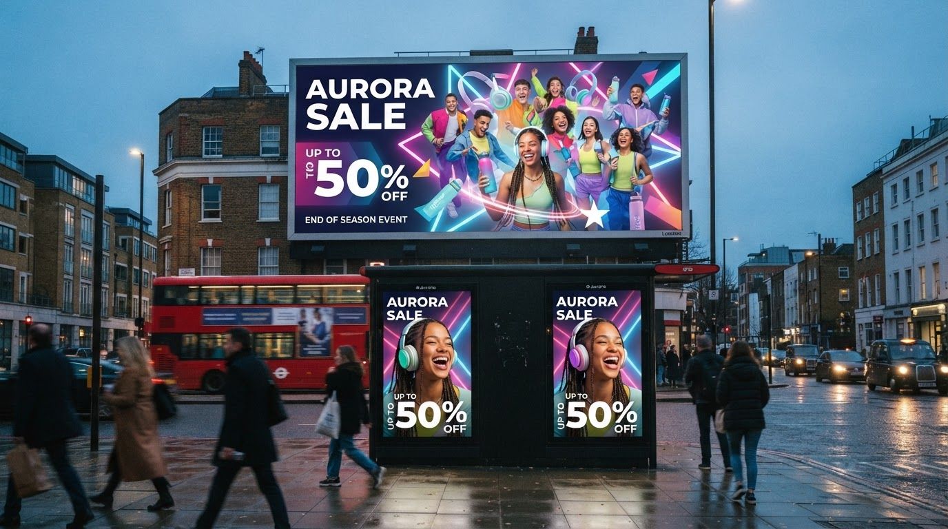 AI Design for Out-of-home campaign mockup concept for Sale campaign visuals for my product line. Billboard, transit poster, or street display in a realistic environment, strong campaign imagery, believable scale and lighting, no readable fake ad copy.