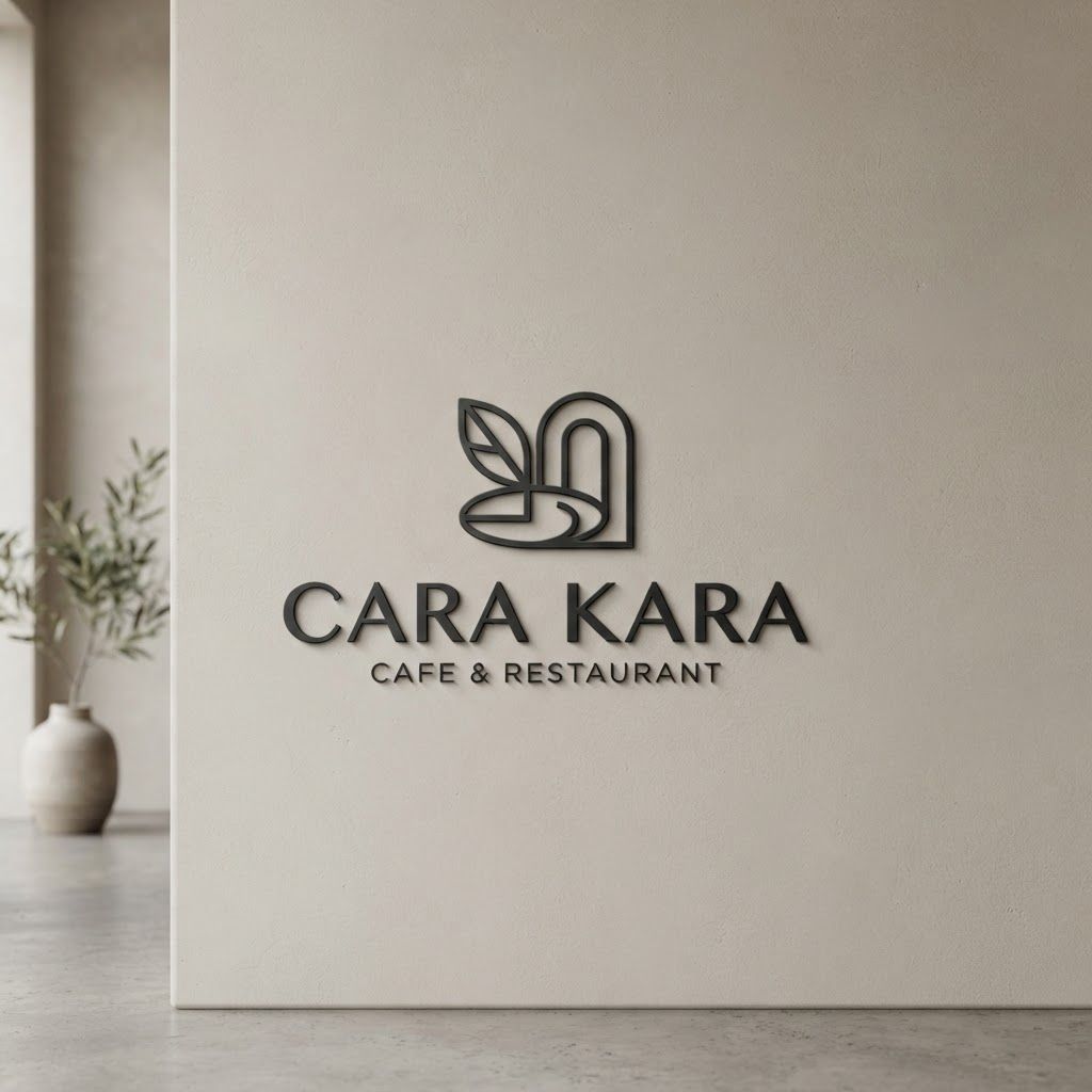 AI Design for Premium logo presentation mockup concept for Create a premium, modern minimalist combination-mark logo identity for an upscale cafe & restaurant called: CARA KARA The brand is a contemporary, design-forward cafe and restaurant featuring lush greenery, open-air seating, refined architecture, and a serene central pond. The identity should feel: MODERN • ARCHITECTURAL • ORGANIC • SERENE • REFINED • TIMELESS • PREMIUM • UNDERSTATED The restaurant should feel sophisticated and contemporary rather than rustic, tropical, playful, or traditionally. Logo or brand mark displayed on a clean neutral surface with subtle depth, refined shadow, precise alignment, elegant design-studio presentation, no extra readable text.