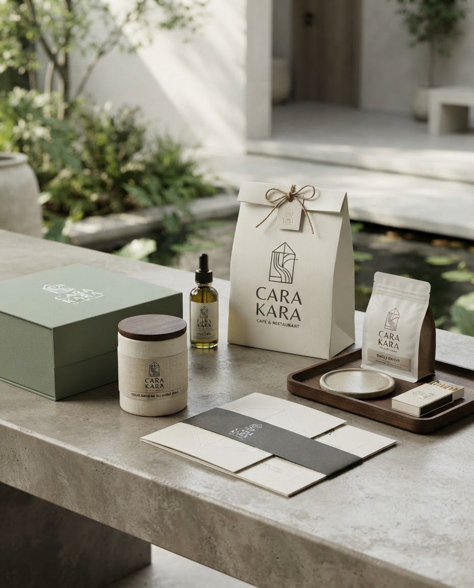 AI Design for Premium packaging mockup concept for Create a premium, modern minimalist combination-mark logo identity for an upscale cafe & restaurant called: CARA KARA The brand is a contemporary, design-forward cafe and restaurant featuring lush greenery, open-air seating, refined architecture, and a serene central pond. The identity should feel: MODERN • ARCHITECTURAL • ORGANIC • SERENE • REFINED • TIMELESS • PREMIUM • UNDERSTATED The restaurant should feel sophisticated and contemporary rather than rustic, tropical, playful, or traditionally. Brand identity applied to realistic boxes, pouches, labels, wraps, or bags as appropriate, polished tabletop scene, tactile materials, no invented readable copy.