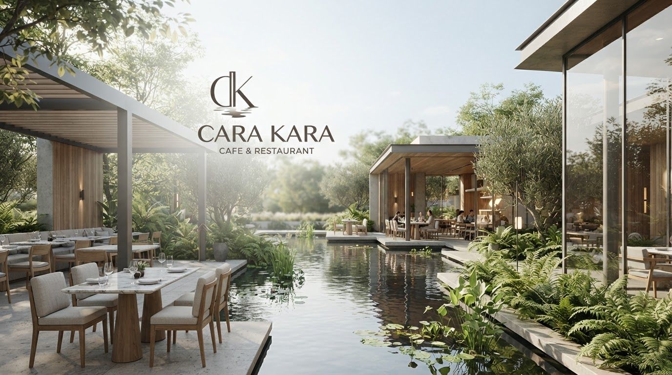 AI Design for Website hero image concept for Create a premium, modern minimalist combination-mark logo identity for an upscale cafe & restaurant called: CARA KARA The brand is a contemporary, design-forward cafe and restaurant featuring lush greenery, open-air seating, refined architecture, and a serene central pond. The identity should feel: MODERN • ARCHITECTURAL • ORGANIC • SERENE • REFINED • TIMELESS • PREMIUM • UNDERSTATED The restaurant should feel sophisticated and contemporary rather than rustic, tropical, playful, or traditionally. Wide polished digital brand visual, clear focal identity element, cohesive colors and atmosphere, generous negative space for headline and CTA to be added later, no rendered UI text.