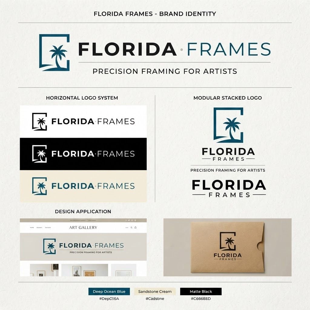 AI Design for New Logo for Picture Frame company called "Florida Frames". They are based in the state of Florida USA. They sell picture frames to artists. Needs to be easy to print including screenprinting, prefer no gradients. Any color is fine. We would like a more horizontal logo to fit on a website without much vertical space, but would also consider a logo with Icon above letters, where it could be moved around. Simple, clean, modern.