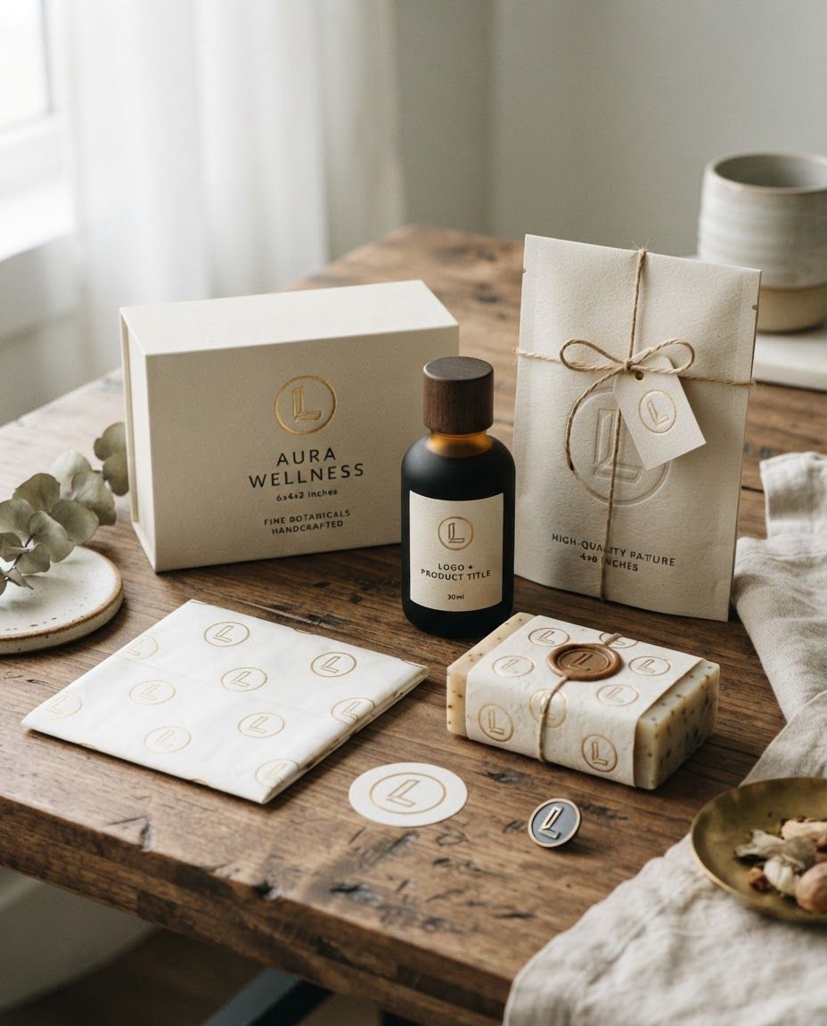 AI Design for Premium packaging mockup concept for Logo. Brand identity applied to realistic boxes, pouches, labels, wraps, or bags as appropriate, polished tabletop scene, tactile materials, no invented readable copy.