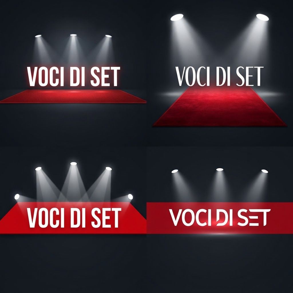 AI Design for Genera più opzioni di logo con:
Red carpet in orizzontale, sopra la scritta voci di set in bianco illuminata dalla luce dei riflettori posti ai lati e sopra il carpet
Stile semplice quasi stilizzato
Non aggiungere scritte.
La scritta voci di set deve essere dentro il carpet come se sfilasse, e il carpet deve essere rosso accesso messo come appunto red carpet